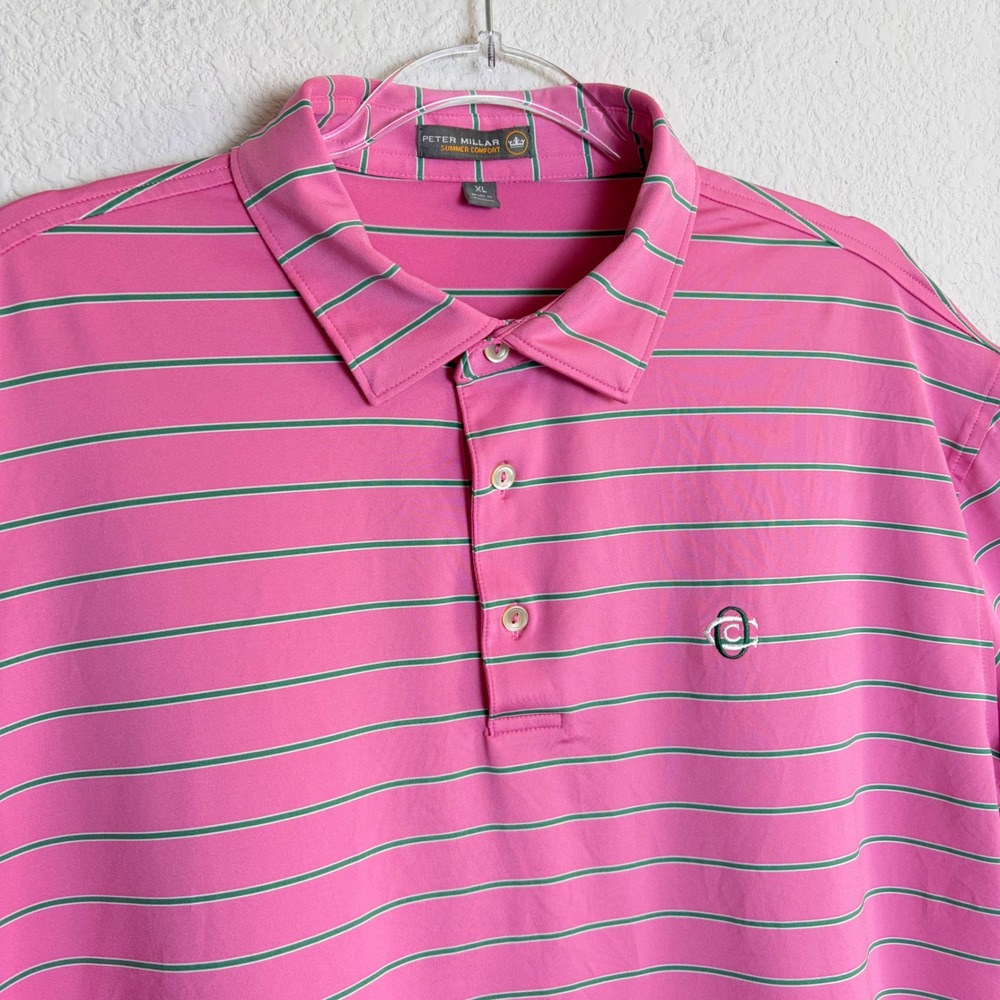 Peter Millar Summer Comfort Mens XL Pink Striped Golf Polo Shirt Logo *READ*